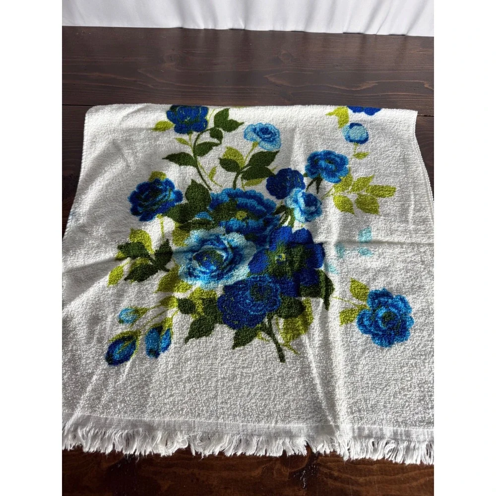 Vintage Blue Rose Floral Cotton Hand Towel Fringe Made in USA 22x41